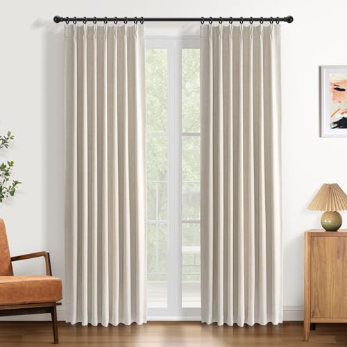 DEFYNEE 100% Blackout Curtains Pencil Pleat 40 x 90 Inch Soft Thermal Linen Curtains for Bedroom & Living Room, 2 Panels,Cream