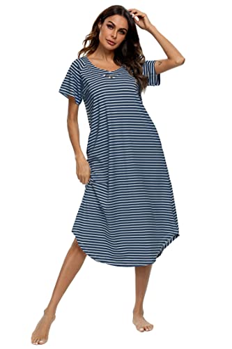 Yozly Nightgowns For Women Soft Night Gown Short Sleeve House Dress Navy Blue Stripe, Large #TOP1