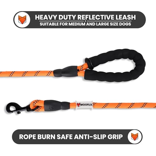 Image of WOOFLIX Reflective Dog Leash And Collar Combo Set|Dog Collar & Anti Slip Padded Handle Leash For Dogs|Highly Reflective|Dog Rope For Medium & Large Dogs|(Leash 5 Ft. + Collar Medium, Orange, 18 Cm)