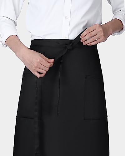 Xtinmee 4 Pcs Bistro Aprons 2 Pockets 32 Inch Waterproof Half Waist Black Bistro Apron with Long Waist Ties for Server Chef Waiter Waitress Bartender - Thumbnail 7