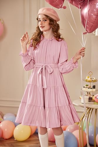 Arshiner Girls Long Sleeve Dress Tween Fall Formal Party Holiday Midi Tiered Flowy Swing Dresses with Belt 5-13 Y4