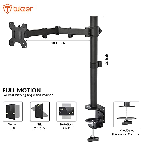Tukzer-Single-13-to-27-inch33-to-685cm-LCD-Monitor-Desk-Mount-Stand-Height-Adjustable-Arm-Mount-Fully-Adjustable-Tilt-ArticulatingHolds-1-Screen-Stand-Steel-TZ-T19
