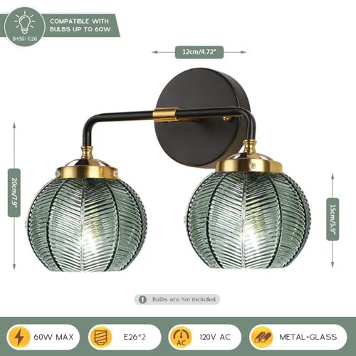 Image of Glass Wall Sconce 2 Light Bathroom Vanity Light Green Globe Wall Lamp with Ribbed Glass Shade Mid Century Modern Wall Sconces Black Gold Vanity Light for Over Mirror Bedroom Hallway