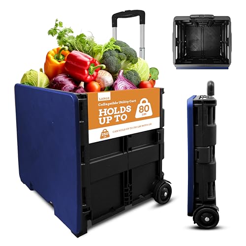 Inspired Living Collapsible Ultra-Slim Pack-N-Roll,2 Wheel Utility Cart w/Lid Used as Seat up to 250 Lbs, Telescopic Handle - Super Strong, for Home, Garden, Shopping, Office, School use, Large, Blue