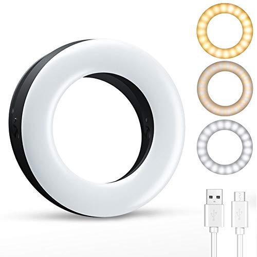 Led-selfie-ringlicht, USB-oplaadbaar, draagbaar, clip-on vullicht, helderheid traploos aan te passen voor fotografie, camera video, make-up (zwart)