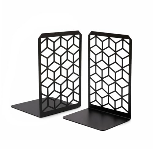 Image of Geomod 3D Cube Black Metal Bookends Decorative for Heavy Books - Sturdy Boho Book Stops - Minimal Book Shelf Stopper - Durable Office Bookends - Weighted Metal Book Holders - 7x4.75 Inches - 1 Pair
