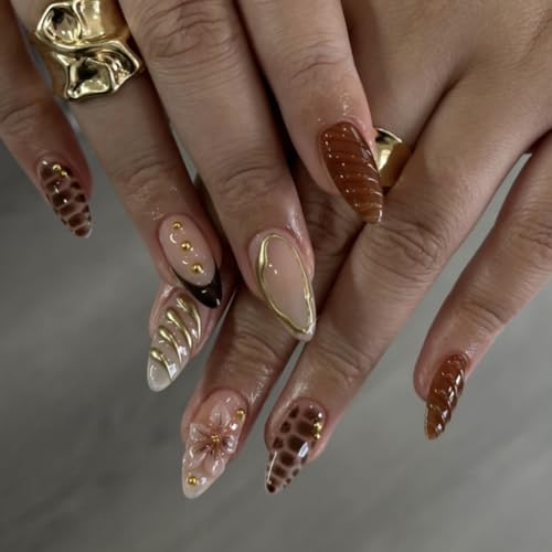 Medium Almond Press on Nails Fall Brown Gold Fake Nails