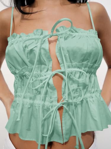 Image of Tankaneo Womens Summer Tie Front Crop Tops Cute Ruffle Ruched Spaghetti Strap Tank Tops Y2K Going Out Shirts