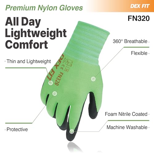 Image of DEX FIT Nitrile Work Gloves FN320, 3D Comfort Stretch Fit, Power Grip, Durable Foam Coated, Thin & Lightweight Premium Nylon, Machine Washable, Green 7 (S) 3 Pairs