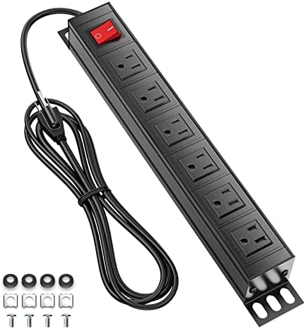 6 Outlets Metal Power Strip, Mountable Heavy Duty Power Strip with Switch, Rack Mount Power Outlet for Small Rack, Desk, Workshop, Cabinet, Garage