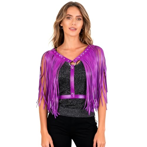 Aislor Punk Faux Leather Fringe Shrugs Harness Belt Fashion Rivet Waist Belts Trendy Fringed Shawl Cape Purple One Size