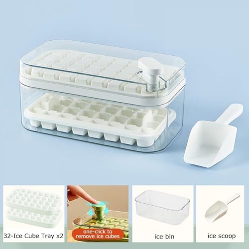 Image of Homecloud 2-Layer Ice Cube Tray with Lid & Bin - BPA-Free Square Ice Cube Molds with Scoop, Easy One-Tap Release, Space-Saving Ice Storage Container, Makes 64 Cubes (White)