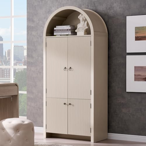 Image of IFGET 71 inch Tall Arched Kitchen Pantry, Modern Fluted Wood Storage Cabinet with Doors, 3 Adjustable Shelves, 6 Door Shelves, Organizer, Versatile Cupboard for Kitchen, Bathroom, Cream