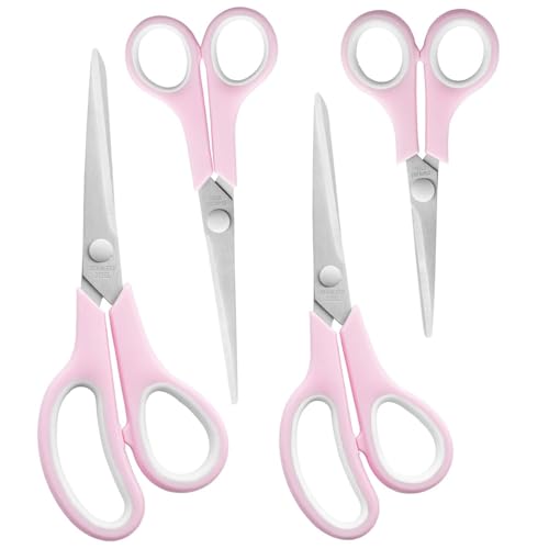 Rotbackmin Craft Scissors Set of 4 Sharp Stainless Stee Blades Comfort Grip Scissors All purpose for Office School Home Fabric Sewing DIY Art Craft Cutting 8.5/7.5/6.7/5.5 Pink