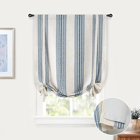 DriftAway Chris Double Layer Linen Blackout Tie Up Curtains Thermal Insulated Fully Lined Vertical Striped Balloon Roman Shade Bathroom Window Adjustable Rod Pocket 25 Inch by 47 Inch Jean Navy Cover