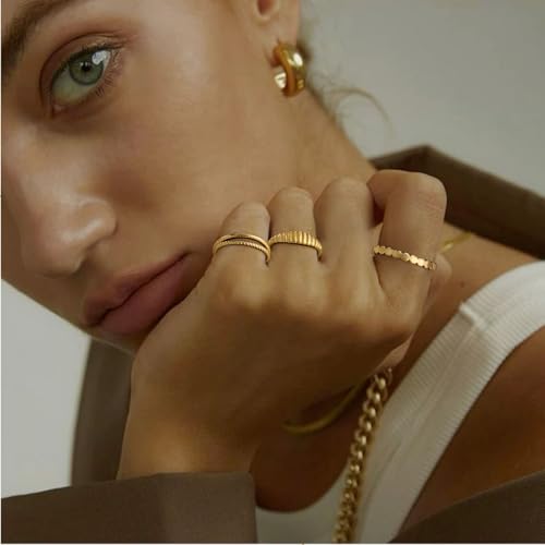 Stackable Gold Rings for Women Non Tarnish,Chunky Gold Rings 14k Gold Plated Rings for Women No Tarnish Gold Ring Set Dainty Twised Wedding Bands Cute Statement Rings Gold Jewelry for Women3