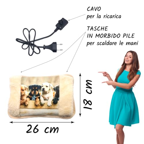 Elektrische Wärmflasche mit Hundemotiv aus Plüsch mit Handwärmer, Fußwärmer und Bauchwärmer, wiederaufladbar, tragbar, für Muskelschmerzen, Menstruation und kalte Tage