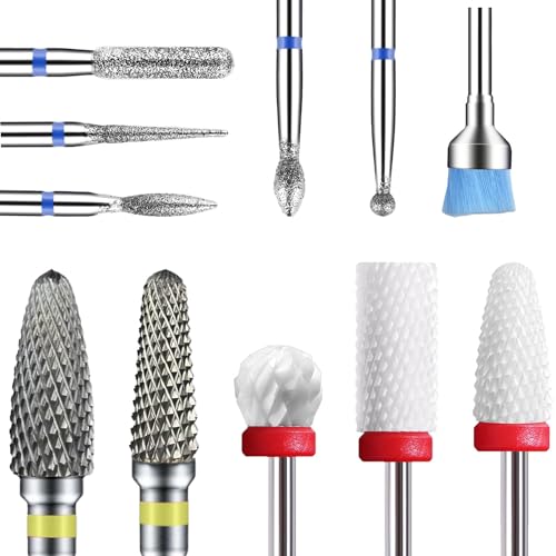 Depvko Lot de 11 embouts de ponceuse à ongles Professionnelles, 2 forets en carbure tungstène + 3 embouts de forage à ongles en céramique + 5 embouts diamant + 1 brosse, 3/32'' embout ponceuse ongle