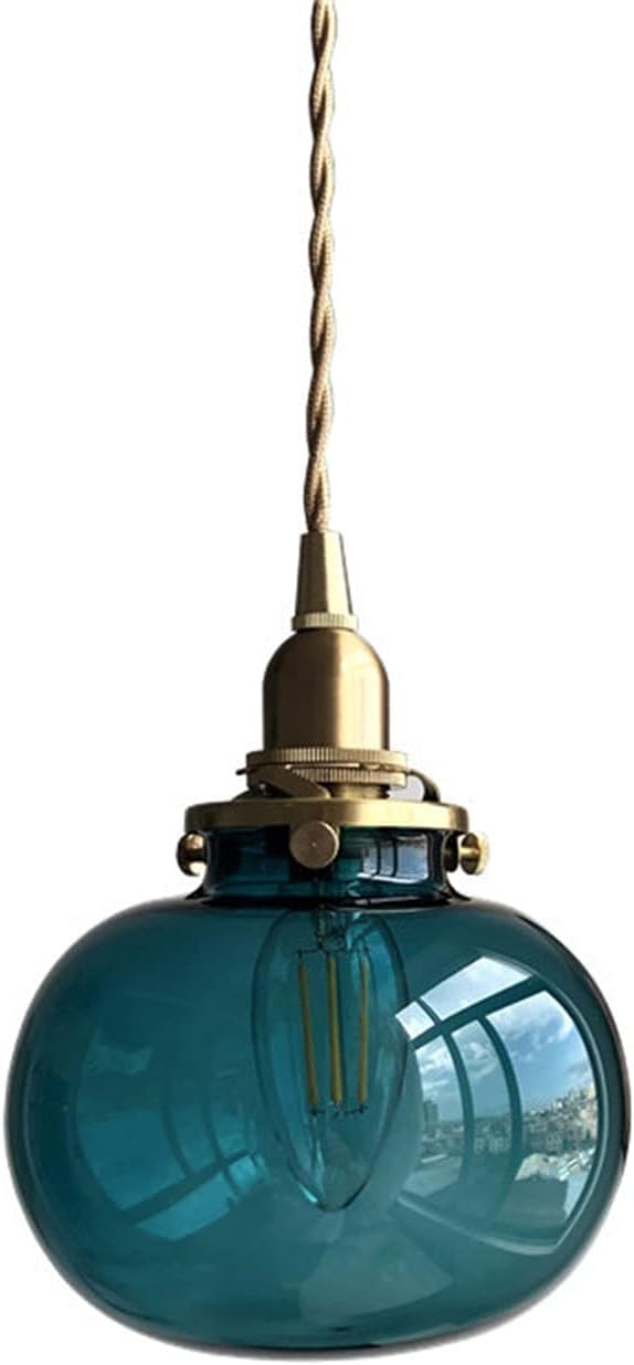 Lámpara colgante vintage de mediados de siglo con cristal azul para salón e isla de cocina
