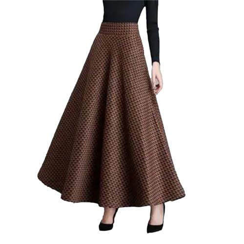 Women's Vintage Plaid Skirt, Casual Plus Size Winter Maxi Brown