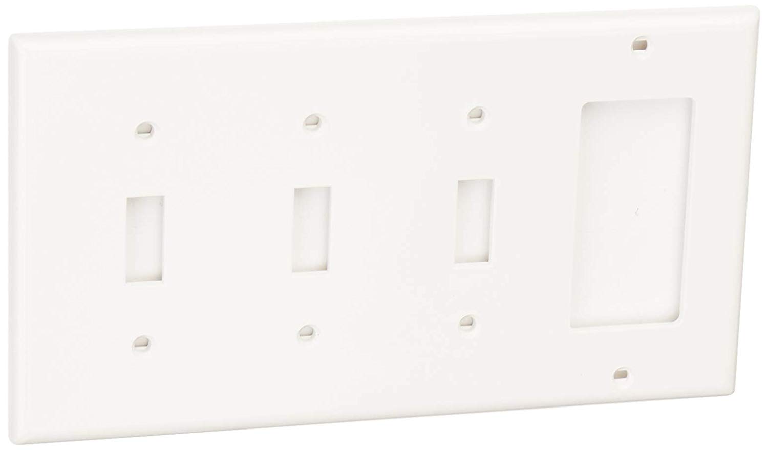 Placa de pared combinada Leviton de 4 elementos para 3 interruptores de palanca y un modulo GFCI