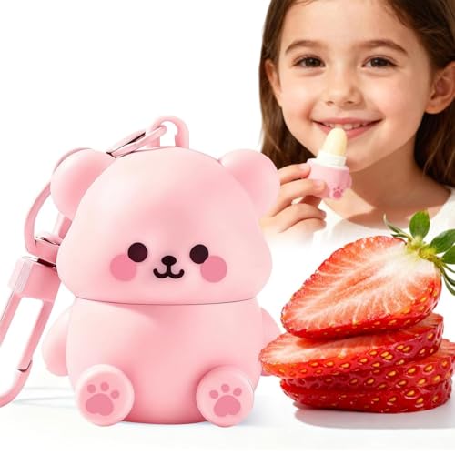 Pink Bear Shape Strawberry Flavor Mini Lip Balm For Kids Kids Lip Balm Li-P Gloss For Girls Moisturising Li-P Bal-M Cute L-Ip Ba-Lm Keyring Portable Moisturize Care For Children Prevent Dryness&Crack