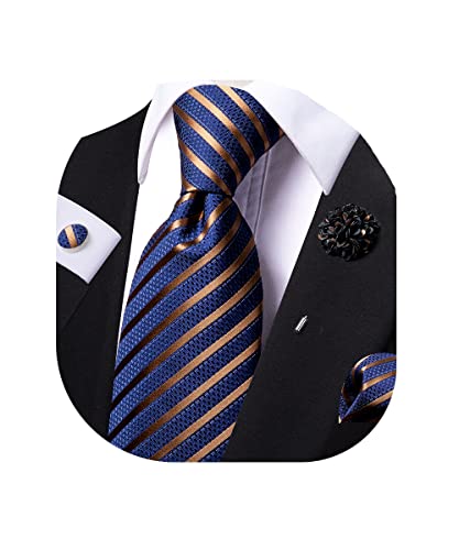 Dubulle Brown and Blue Stripe Ties for Men Silk Blue Necktie Lapel Pin Flower Pocket Square Cufflinks Set