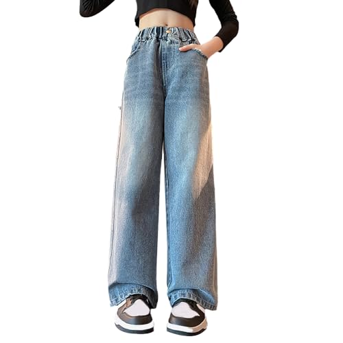 Girls High Waist Wide Leg Jeans - Elastic Waist Baggy Denim Pants with Frayed Pockets, Vintage Loose-Fit Trousers2