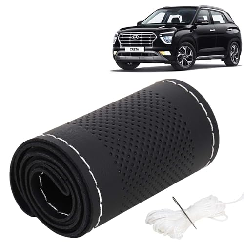 Image of KINGSWAY PU Leatherite Car Steering Cover Sewable Compatible with Hyundai Creta (Year 2020 Onwards), Black Color with Silver Thread, Pack of 1 with Sewing Needle and Thread