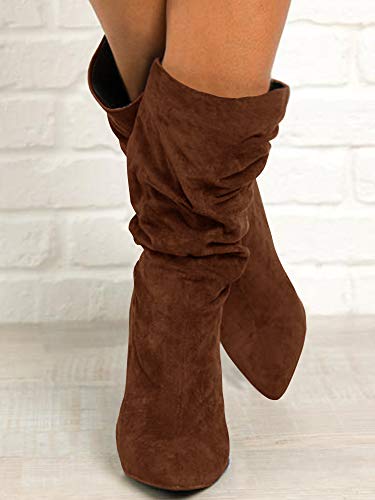 Syktkmx Womens Winter Slouchy High Heel Boots Mid Calf Suede Slip on Chunky Block Pointed Toe Boots4