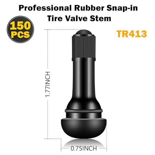 Image of Tire Valve Stems Rubber Black Rubber Snap-in Valves,Tubeless Valve Stems Suit for 0.453 inch Rim Holes on Standard Vehicle Tires (150pcs(TR413-150pcs))