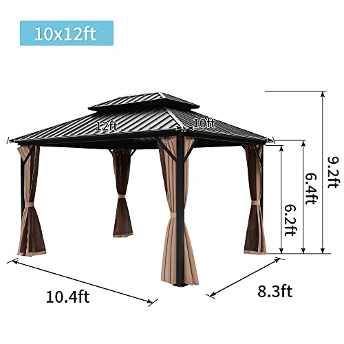 Raysfung 10 X 12Ft Hardtop Gazebo, Galvanized Steel Double Roof Gazebo With Nettings And Curtains, Outdoor Aluminum Framevertical Stripes Roof Permanent Pavilion For Patio, Backyard, Lawns #TOP2