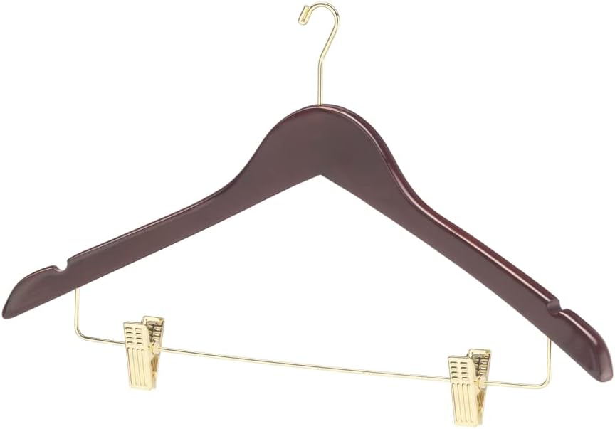 Whitmor Contoured Small Hook Wood Hangers with Clips, Mahogany Brass, Set of 100