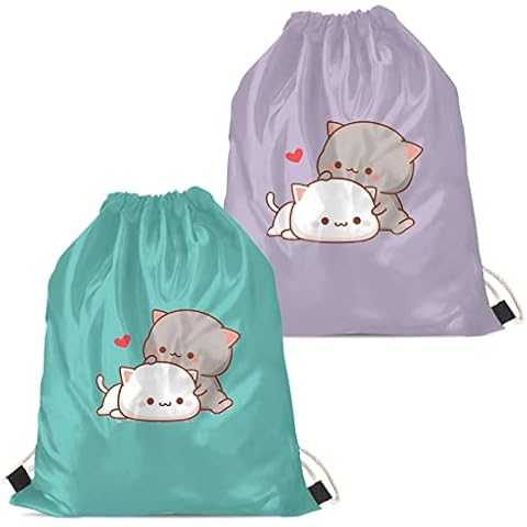 HUIACONG Kawaii Girls Drawstring Backpack 2 PCS Cartoon Cat Drawstring Bags PE Swimming String Sackpack 2 Pack Large Cinch Sack for Child School Cover