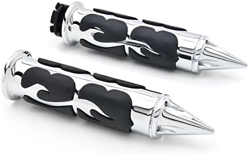 Krator Motorcycle Spiked Flame Chrome Rubber Hand Handlebar Grips Custom Chrome Billet Grips Compatible with Cruisers Harley Suzuki Kawasaki Yamaha Honda with 1" inch Throttle Grips, Small, (HG007)
