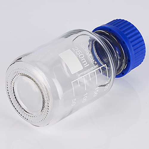 stonylab Graduated Storage Bottles with GL45 Screw Cap, 250 ml Borosilicate Glass Clear Round Lab Reagent Media Storage Bottles with Blue Screw Cap, 1 Pack