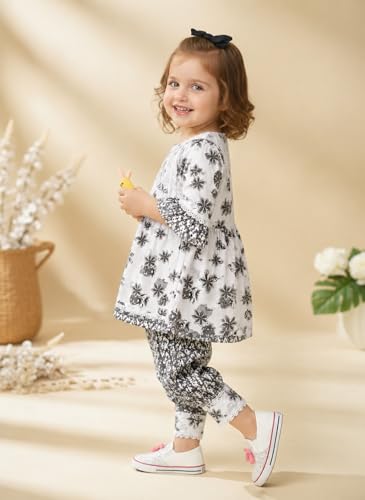 Image of Baby Girls Yellow Ethnic Clothing Set, Mirror Work Embroidered Frock with Zigzag Print Pants, Comfortable Cotton Outfit for Kids