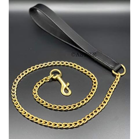 ASTILE Equestrian Gold Chain Dog Lead Heavy Duty dog lead with Black Leather Handle Strong Dog Leash 34 Inch Long Cover