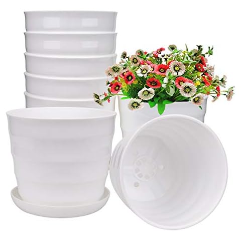 Fasmov 8 Pack 6 Inches Flower Pot Plant Pots, Plastic Flower Planters with Drainage Hole and Tray, White Cover