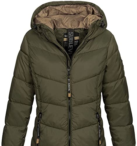 Sublevel Damen Jacke Steppmantel LSL-412 Kurzmantel mit gefütterter Kapuze Mistletoe Green L