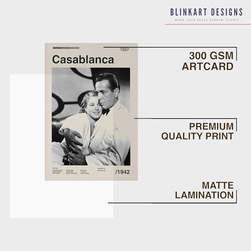 Image of BLINKART Casablance (1944) Movie Poster Frame 8x12 Inch | Premium 300 GSM Paper Wall Print | Mid Century Vintage Film Artwork for Home, Bedroom, Living Room, Office | Framed Photo Decor