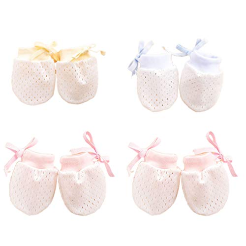 SUPVOX 4 Pair Baby Gloves No Scratch Mittens Adjustable Anti Scratch Cotton Gloves Mittens for Infant Toddler Boys Girls, Pink, Blue, Yellow, 10 x 7.5 x 1cm
