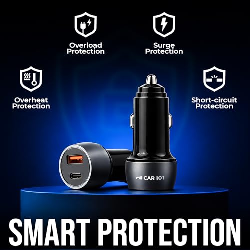 Image of CAR101 65W Turbo Fast Car Charger with 4-in-1 Cable | USB C PD & USB A QC | Dual Port Adapter for Smartphones, Tablets, Laptops | Aluminium Body, LED Light, Smart Protection | 12V-24V