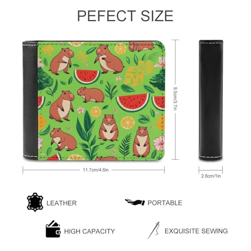 Men's Travel Bifold Wallet, PU Leather Lightweight Credit Card Holder Money Clip Cute Capybaras Fruits Floral Slim Purse with Multiple Card Slots2