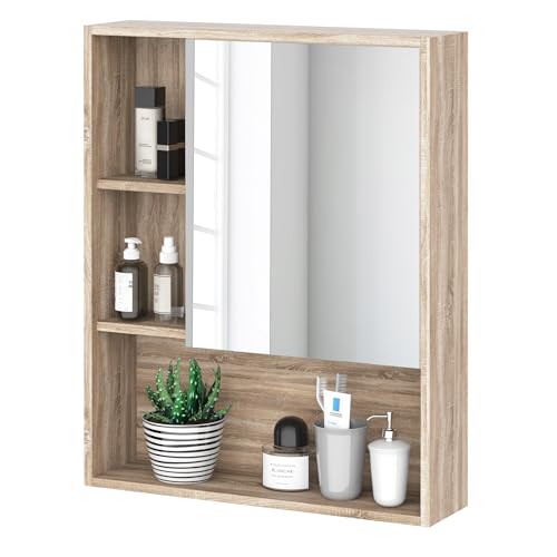 kleankin Armadietto Bagno a Specchio con Ripiani Regolabile, Specchio Bagno Contenitore con Porta Salvaspazio, Montaggio a Parete, 60x15x76 cm, Rovere