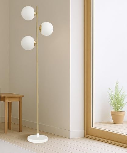 Image of HarvestLand SphereRise Brass Floor Lamp - Modern Globe Floor lamp, Floor Lamps for Living Room, 3-Light Brass Floor lamp with Solid Base, Standing lamp for Living Room Decor, Bedroom & Office