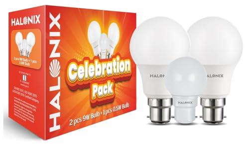 Halonix Celebration Pack With 9W B22D 2 Units Led Bulb And 1 Unit 0.5W White Night Lamp | Cct-6500K Cool White Light | Energy Saving Led Bulb. |