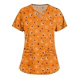 Short Sleeve with Designs Halloween Blouse Womens Office Plus Size Loose Fit Flex Shirt for Women Patterns Orange XXL