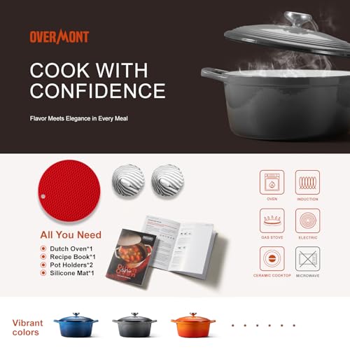 Overmont Enameled Cast Iron Dutch Oven - 5.5QT Pot with Wide Handles Lid Cookbook & Cotton Potholders - Heavy-Duty Pre-Seasoned Cookware Oven Safe to 500°F for Braising, Stews, Roasting, Sourdough Baking Grey by Overmont - Image 6