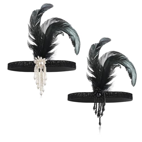 ElevateTech 1920er Jahre Flapper Stirnband 2 Stück Mode Perlen Feder Haarschmuck Schwarz Flapper Haarband 20er Jahre Accessoires Kopfschmuck for Frauen Damen Gatsby Kostüm Accessoires Halloween Party